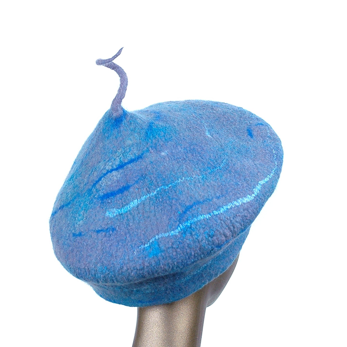 Playful Blue Gray Beret with Curlicue Stem -back view