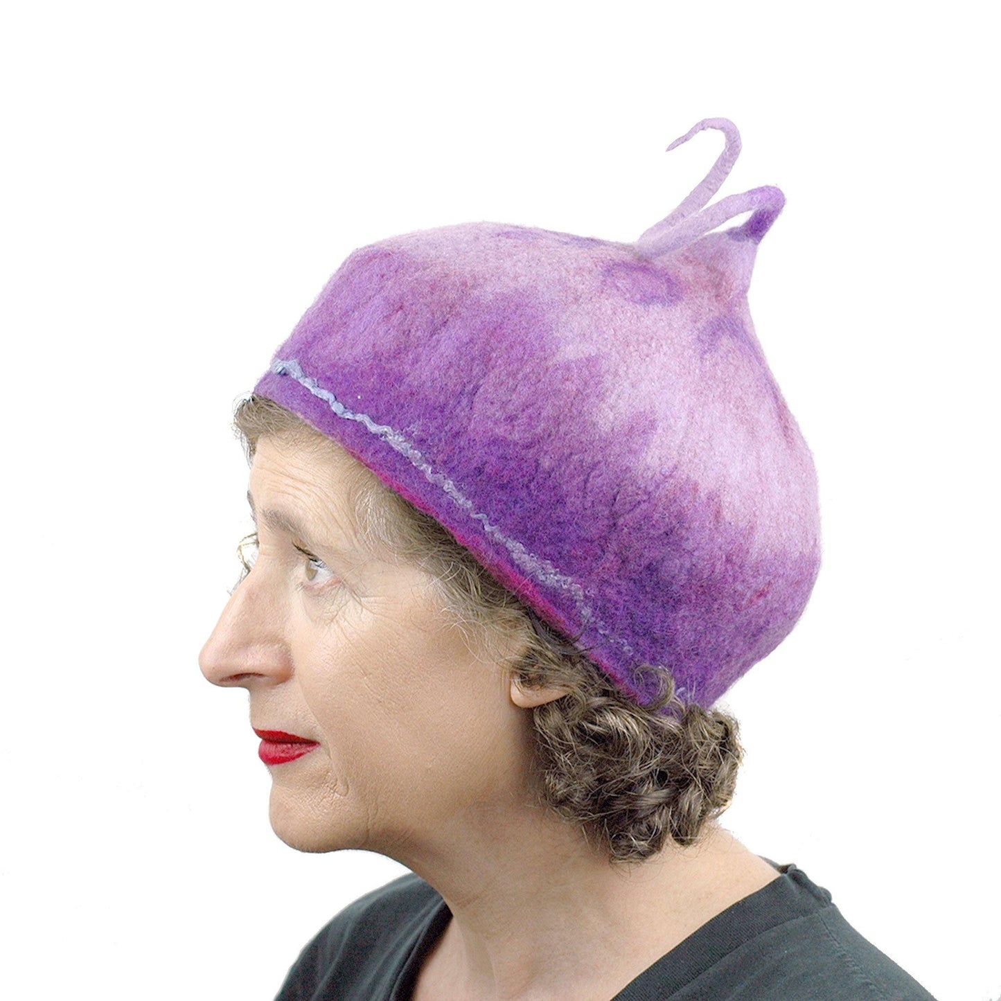 Purple Felted Beret with Curly Stem - side view