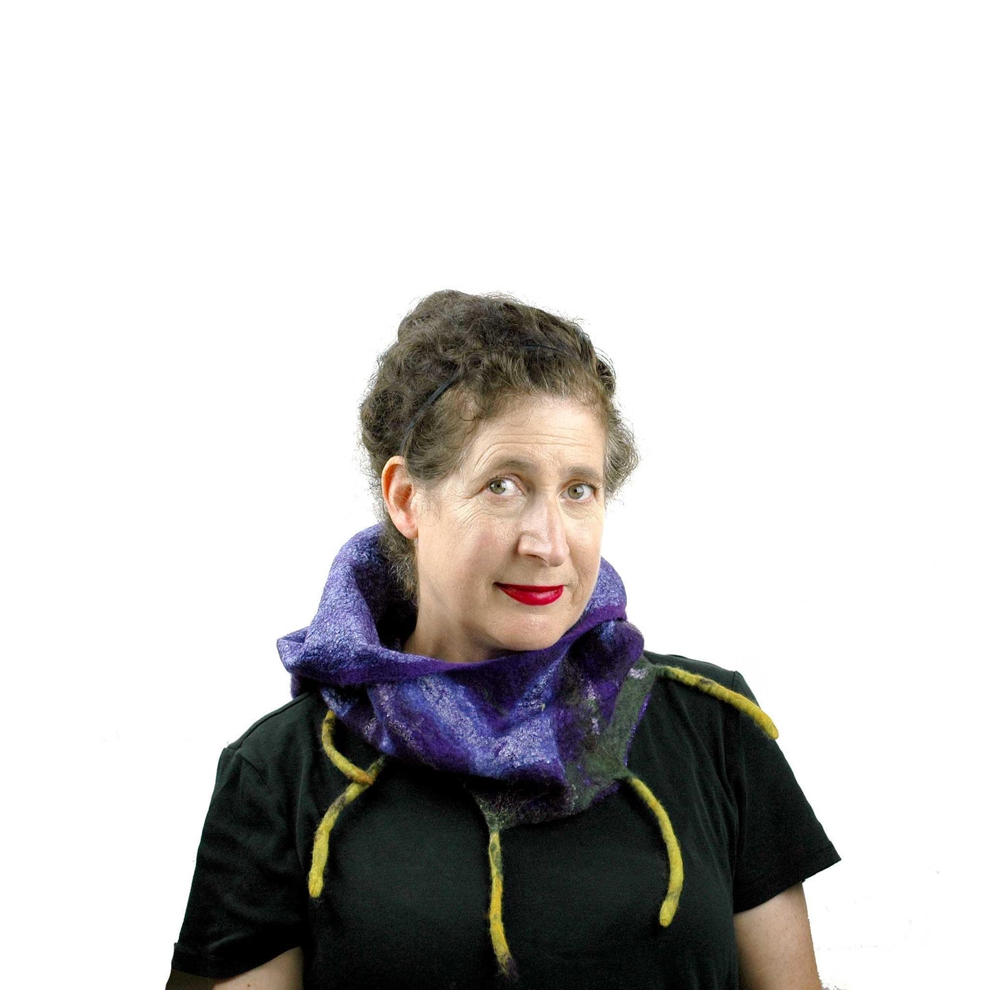 Purple Felted Fig Cowl with Peaked Hood with hood folded down off of head.