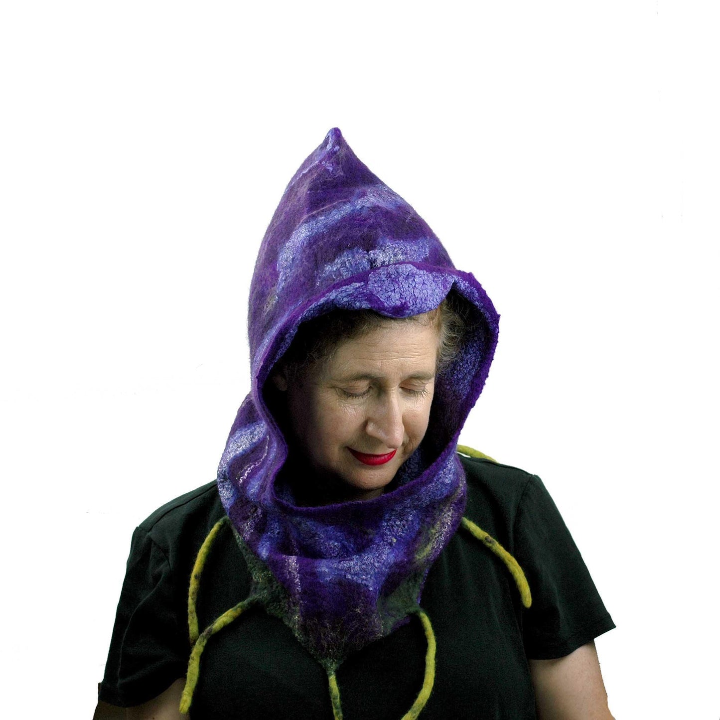 Purple Felted Fig Cowl with Peaked Hood looking downwards