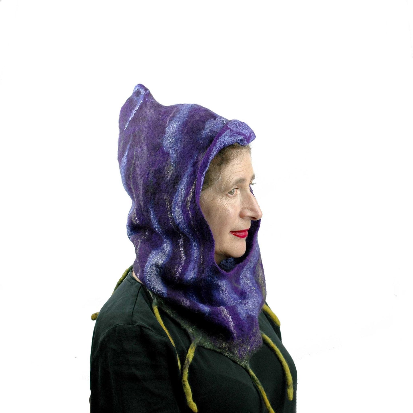 Purple Felted Fig Cowl with Peaked Hood - side view