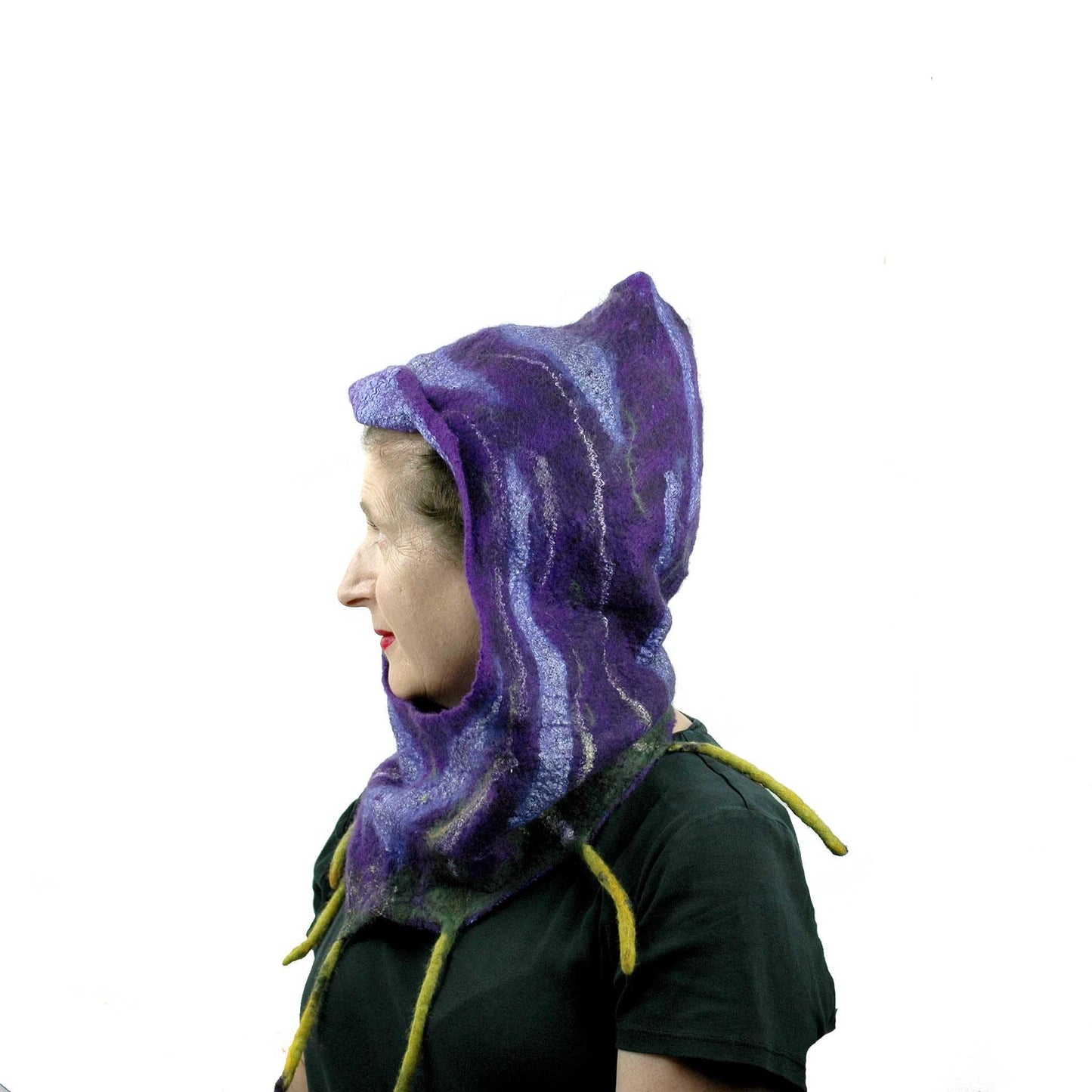 Purple Felted Fig Cowl with Peaked Hood - side view