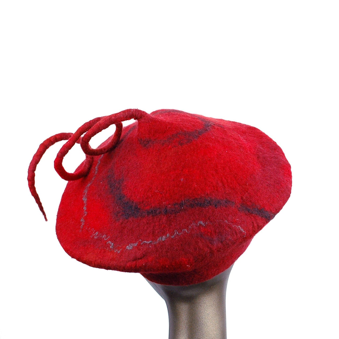 Red Beret with Black Swirl and Long Curlicue - back view