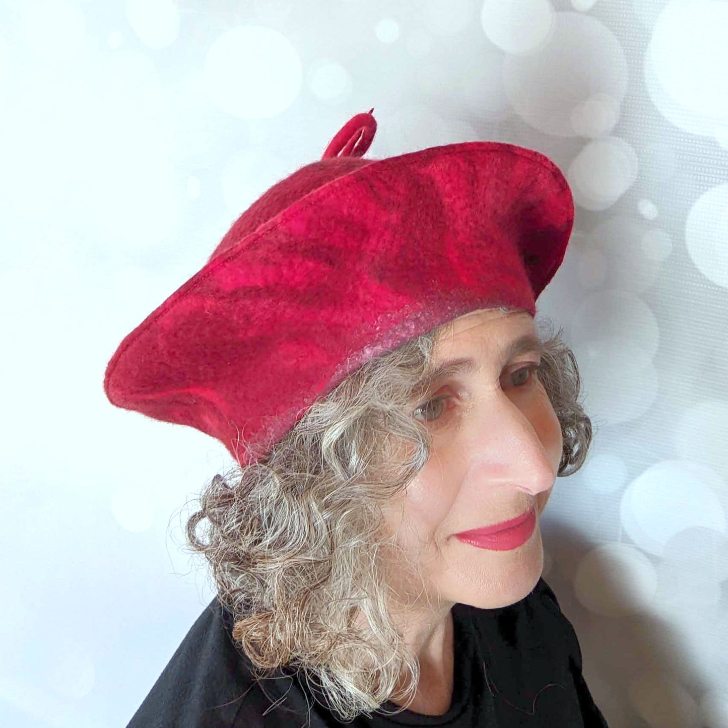 Red Curlicue Beret with Dark Marbling - threequartersview