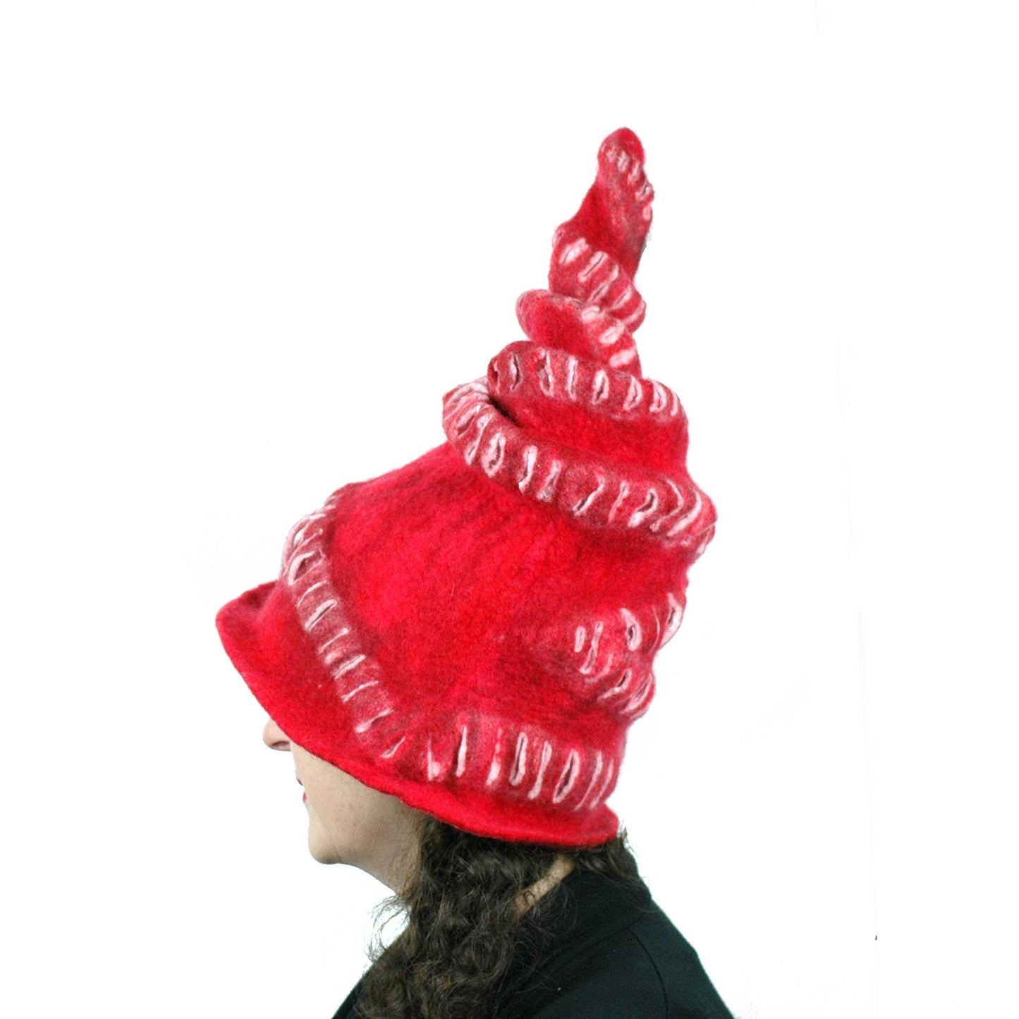 Red Felted Witch Hat with Spiral Point - side view