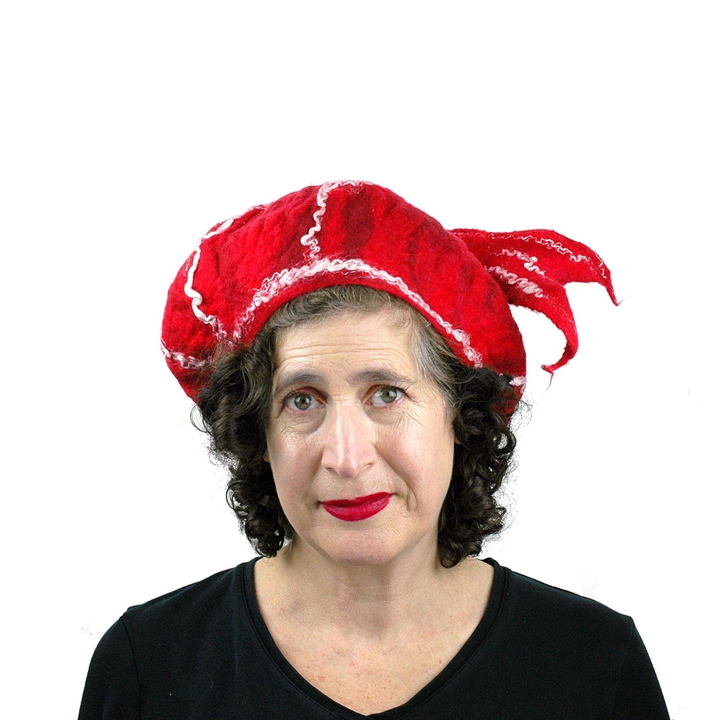 Red Fishtail Hat with White Stripes - front view
