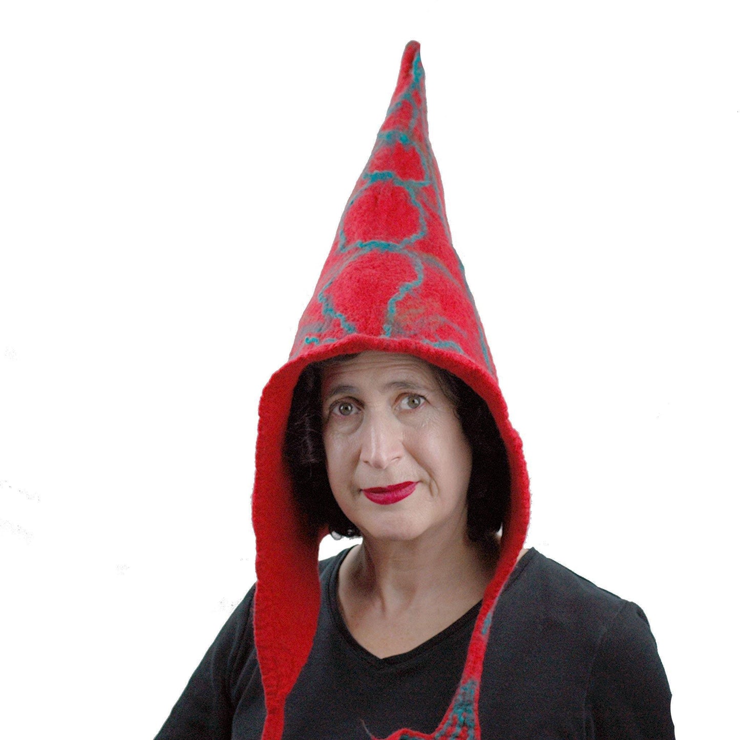 Red Holly Leaf Felted Pixie Hood - front view
