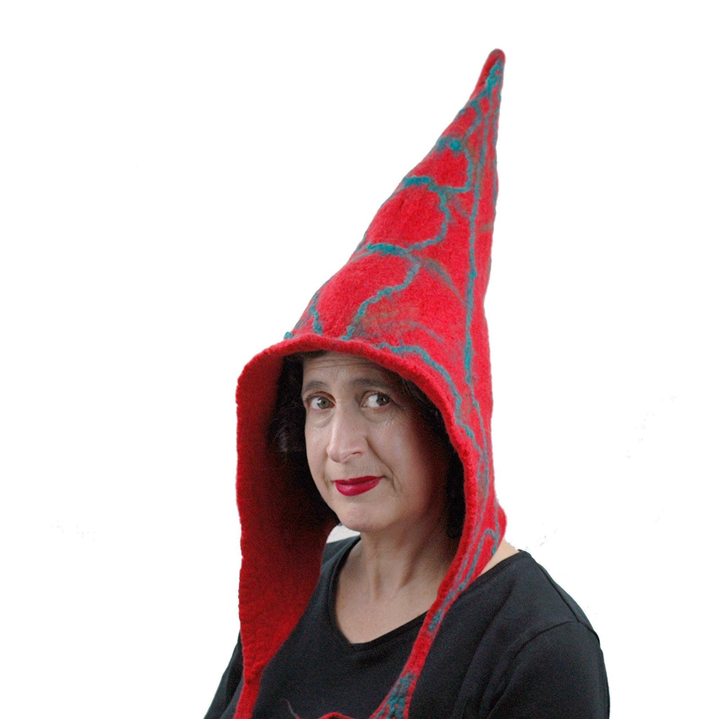 Red Holly Leaf Felted Pixie Hood - three quarters view