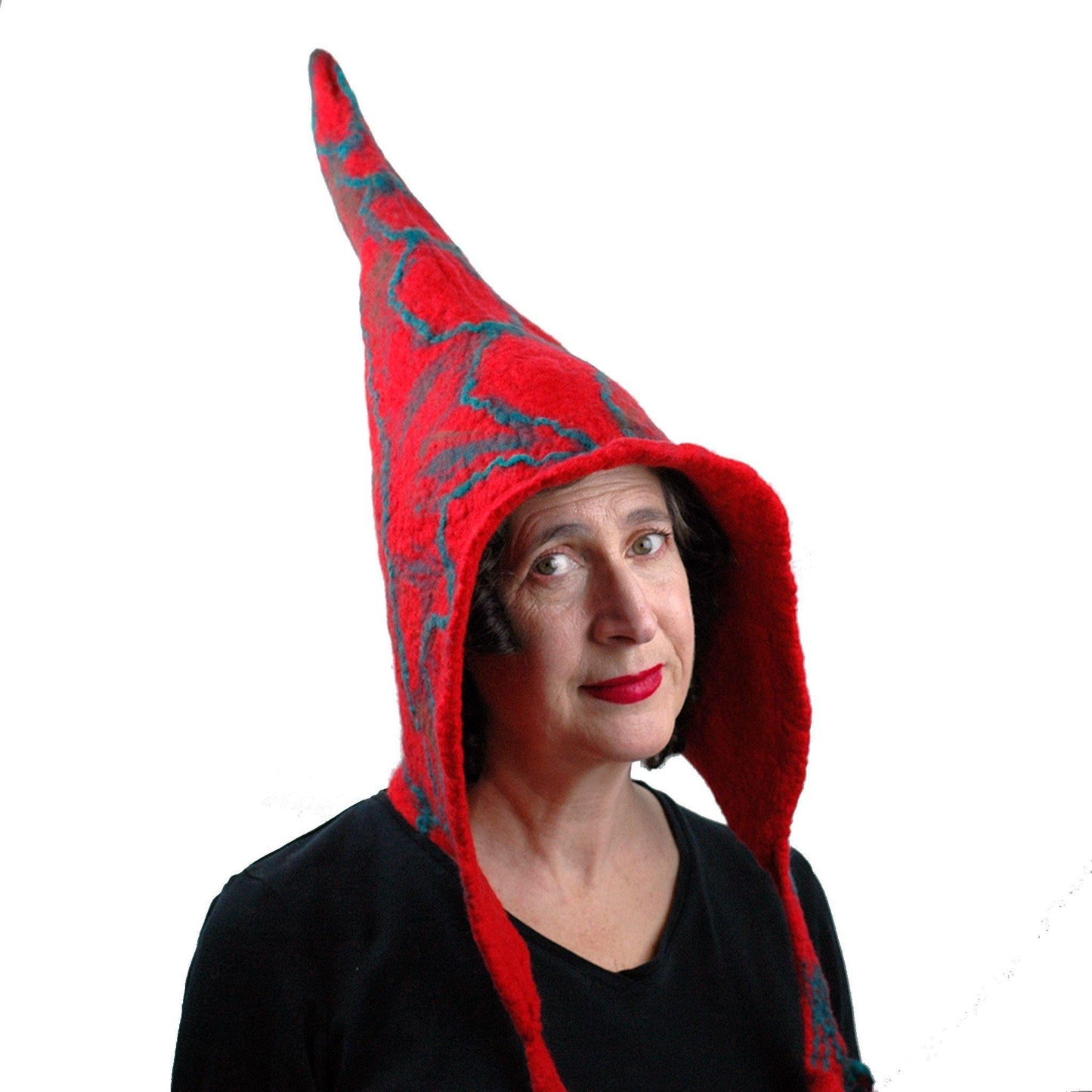 Red Holly Leaf Felted Pixie Hood - three quarters view