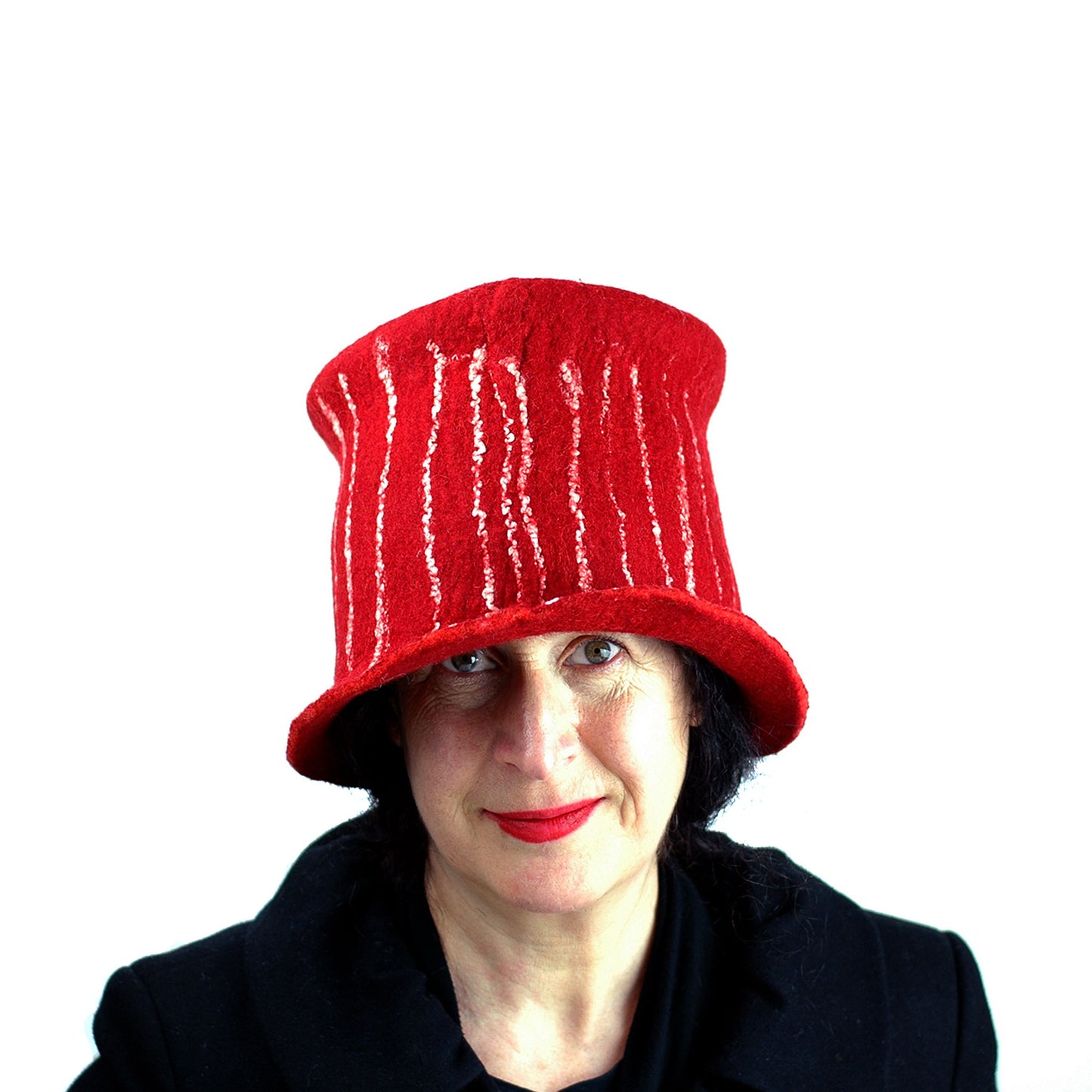 Red Top Hat with White Stripes - front view