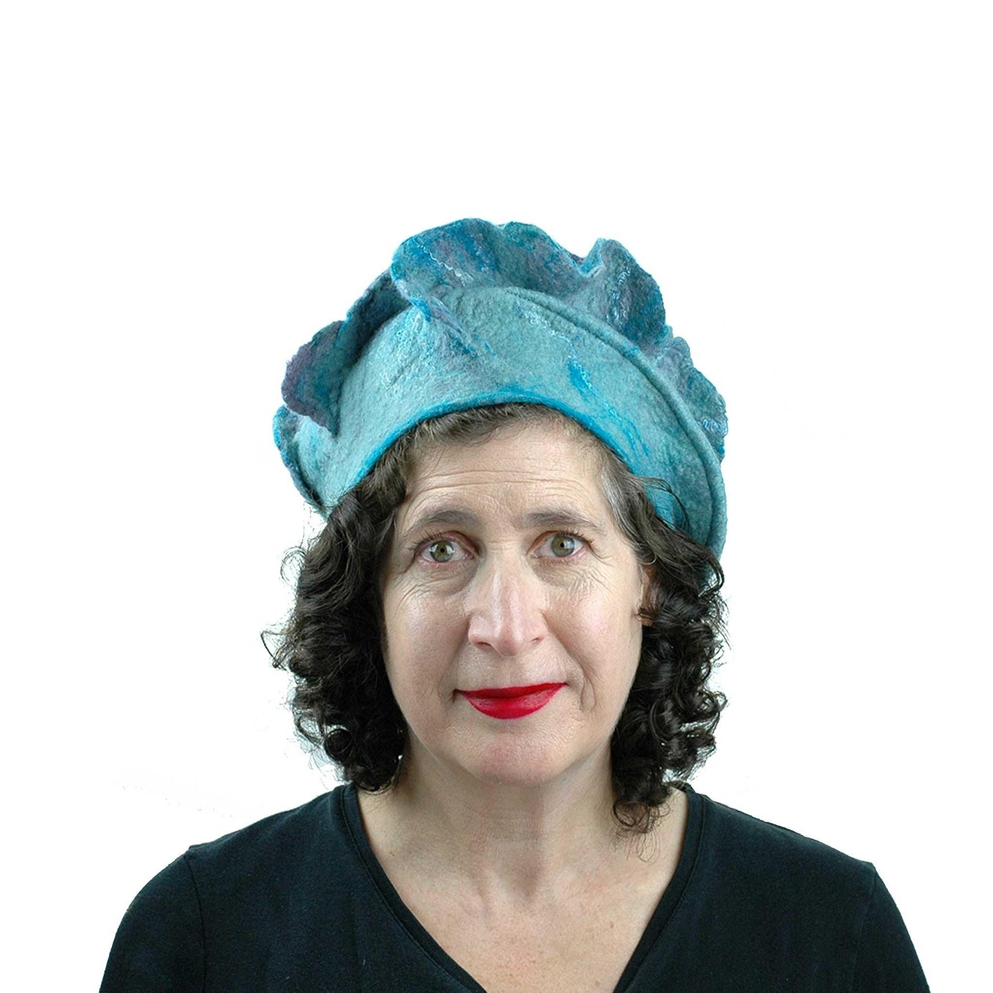 Ruffled Blues Felted Beret - front view