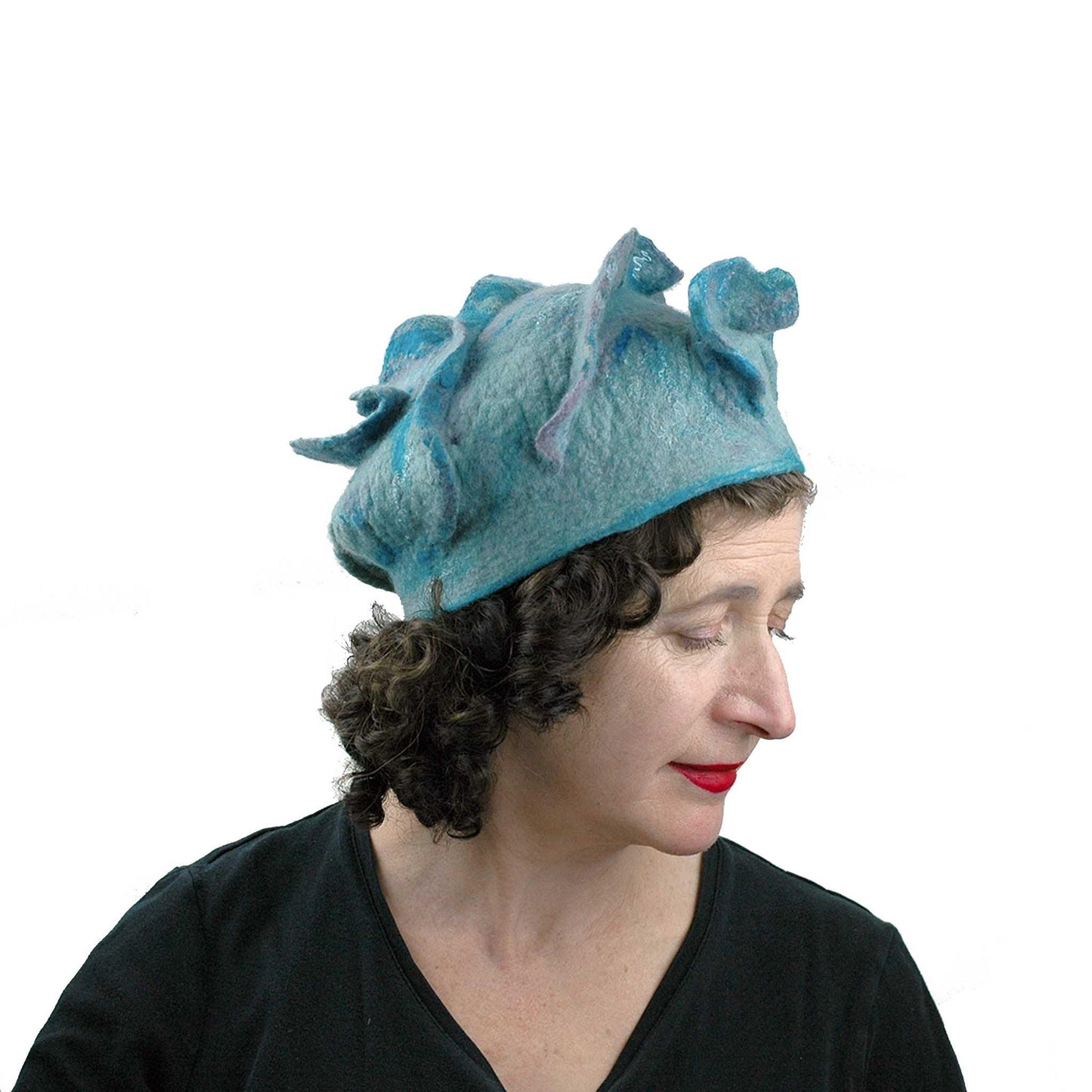 Ruffled Blues Felted Beret -side view