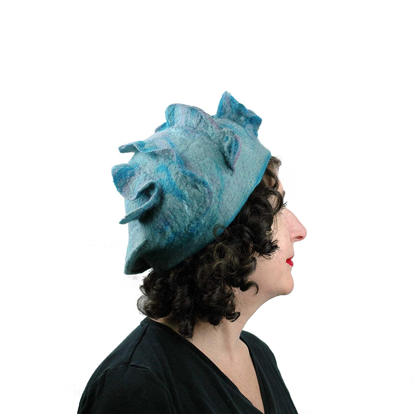 Ruffled Blues Felted Beret -side view