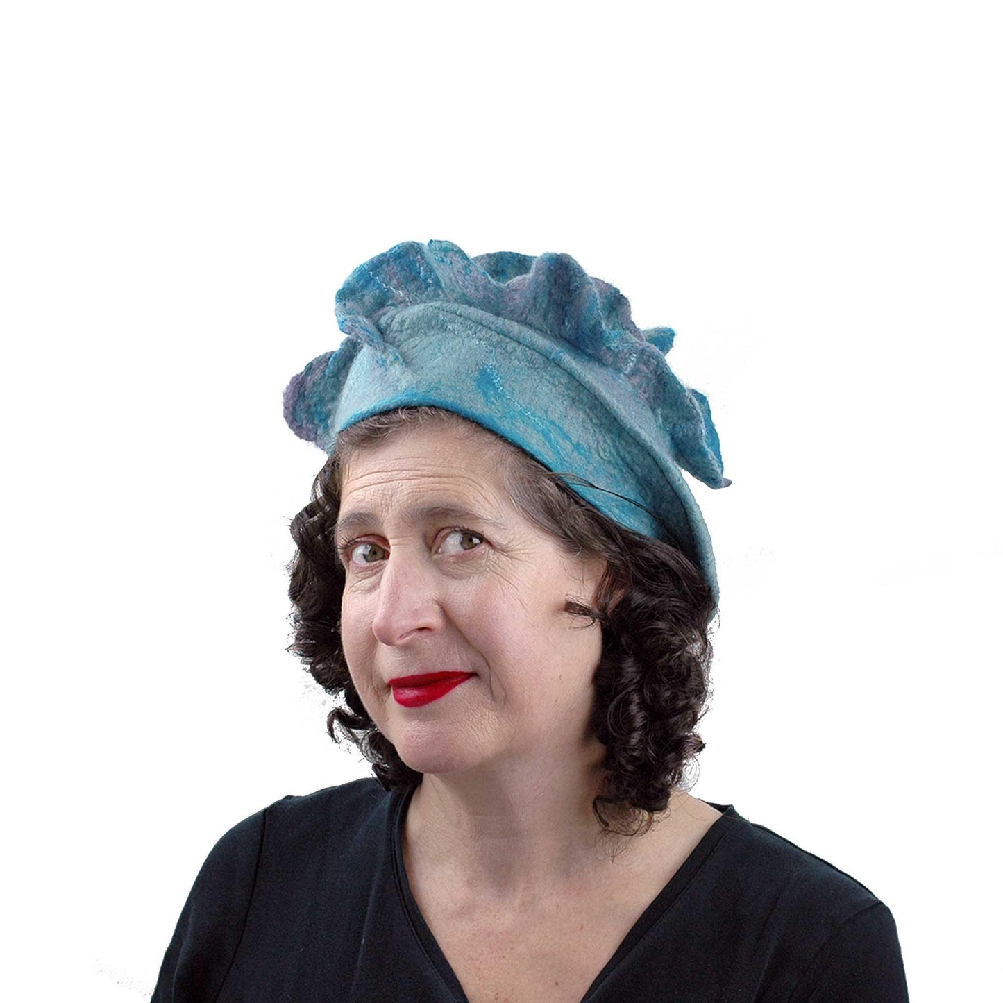 Ruffled Blues Felted Beret - three quarters view
