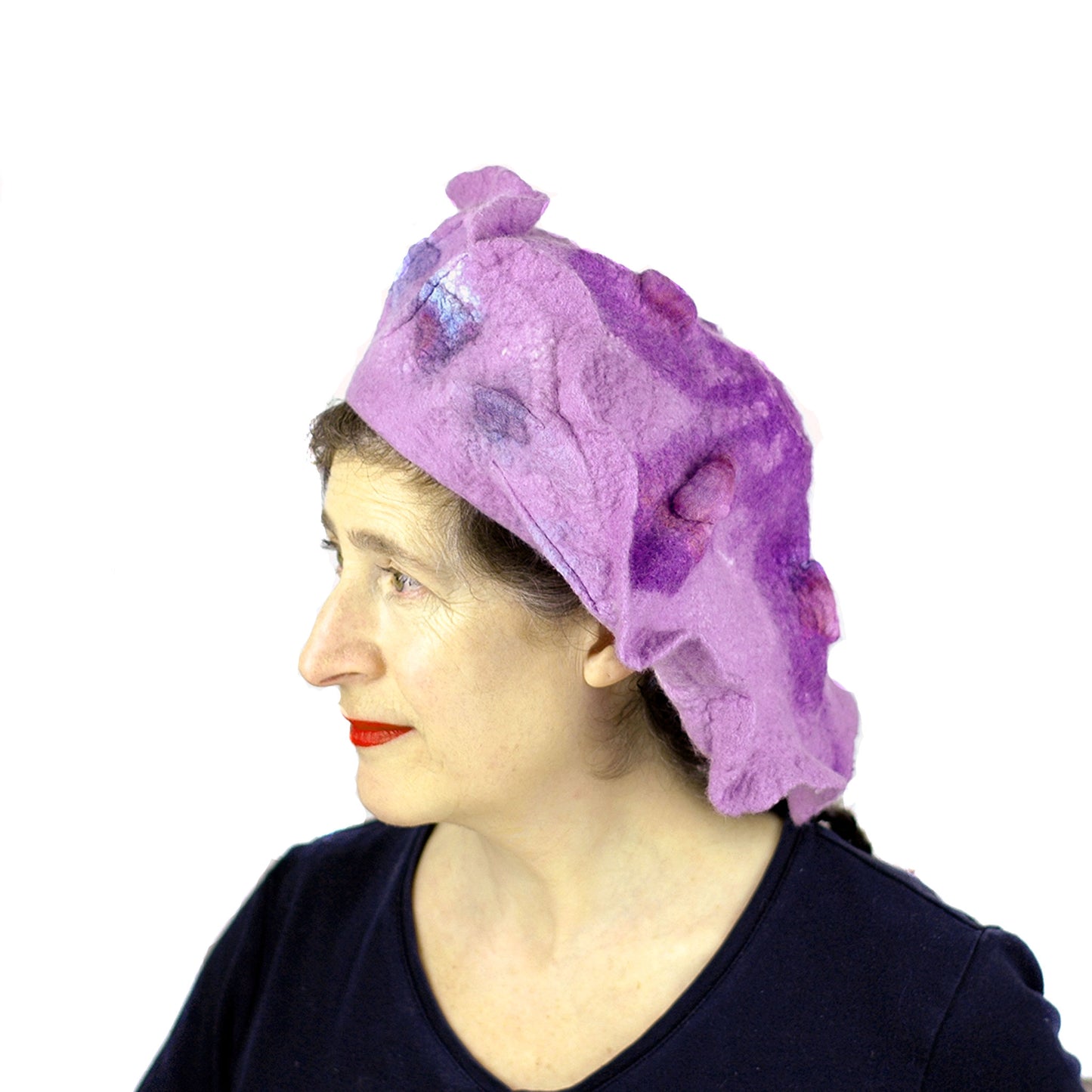 Ruffled Purple Beret - side view