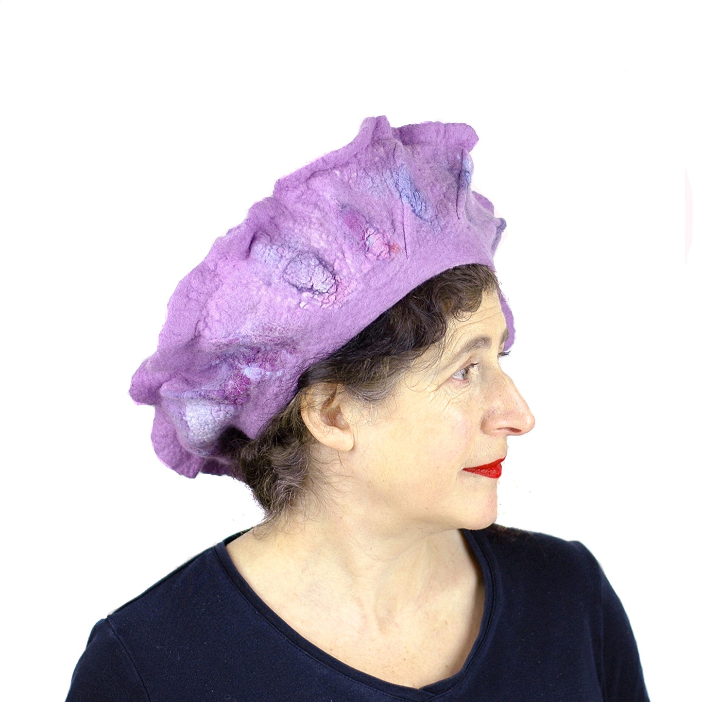 Ruffled Purple Beret - side view