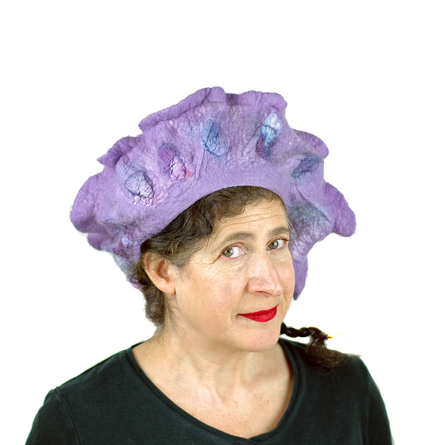 Ruffled Purple Beret - three quarters view
