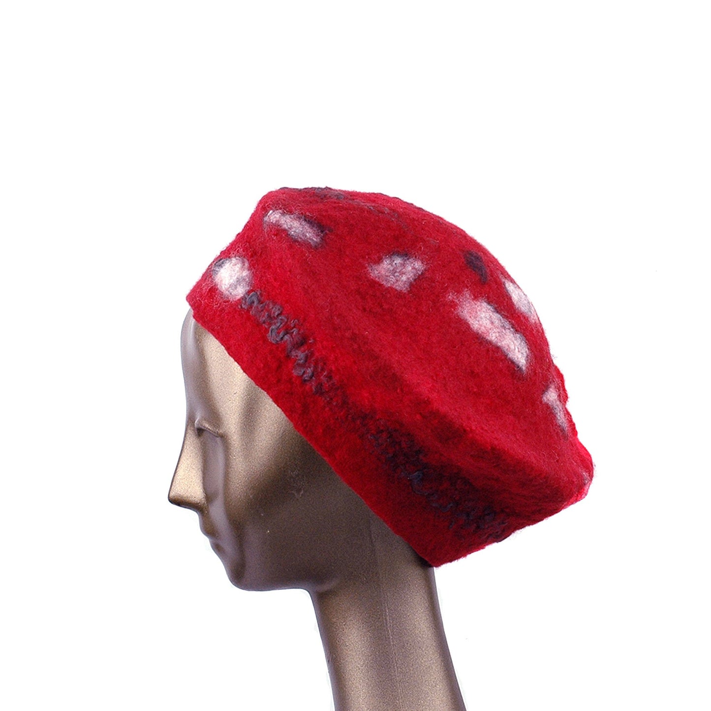 Russian Constructivist Inspired Red and Black Felted Beret - side view