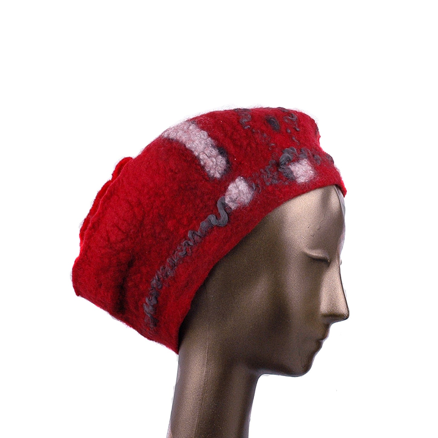 Russian Constructivist Inspired Red and Black Felted Beret - side view