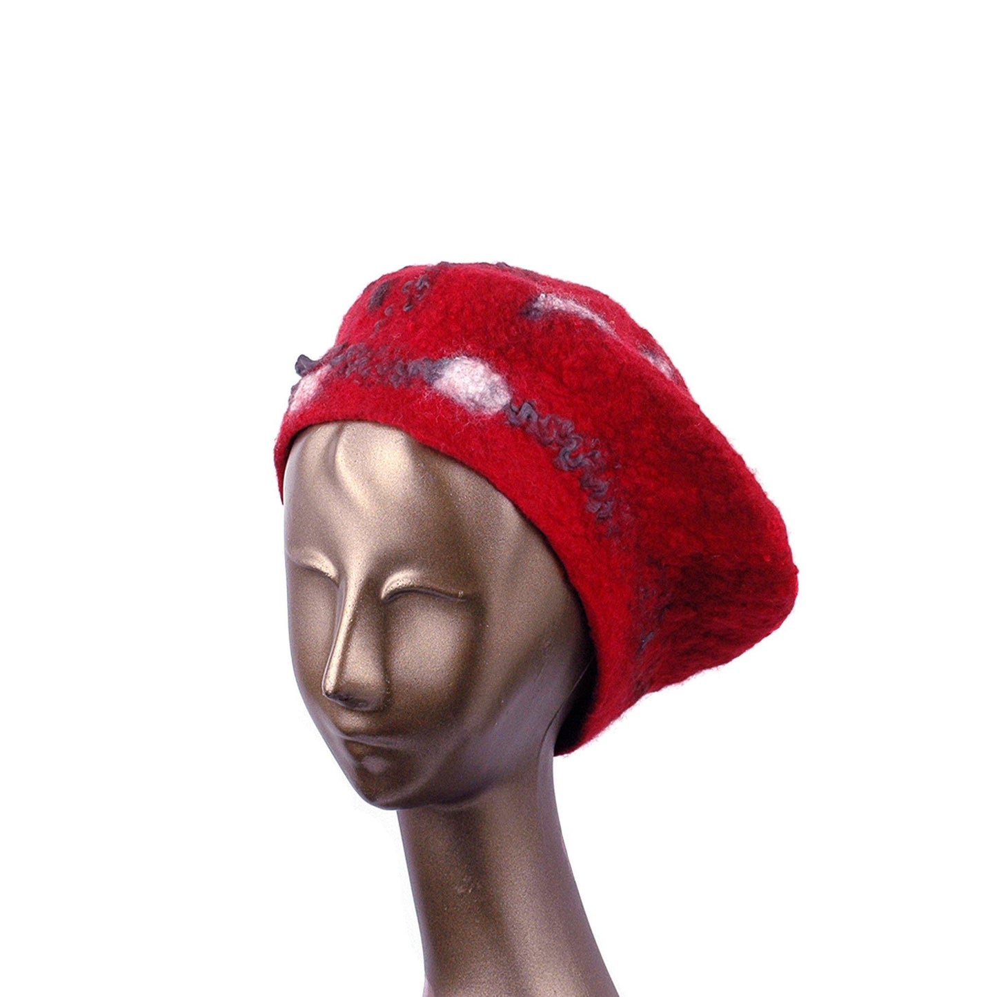 Russian Constructivist Inspired Red and Black Felted Beret - three quarters view