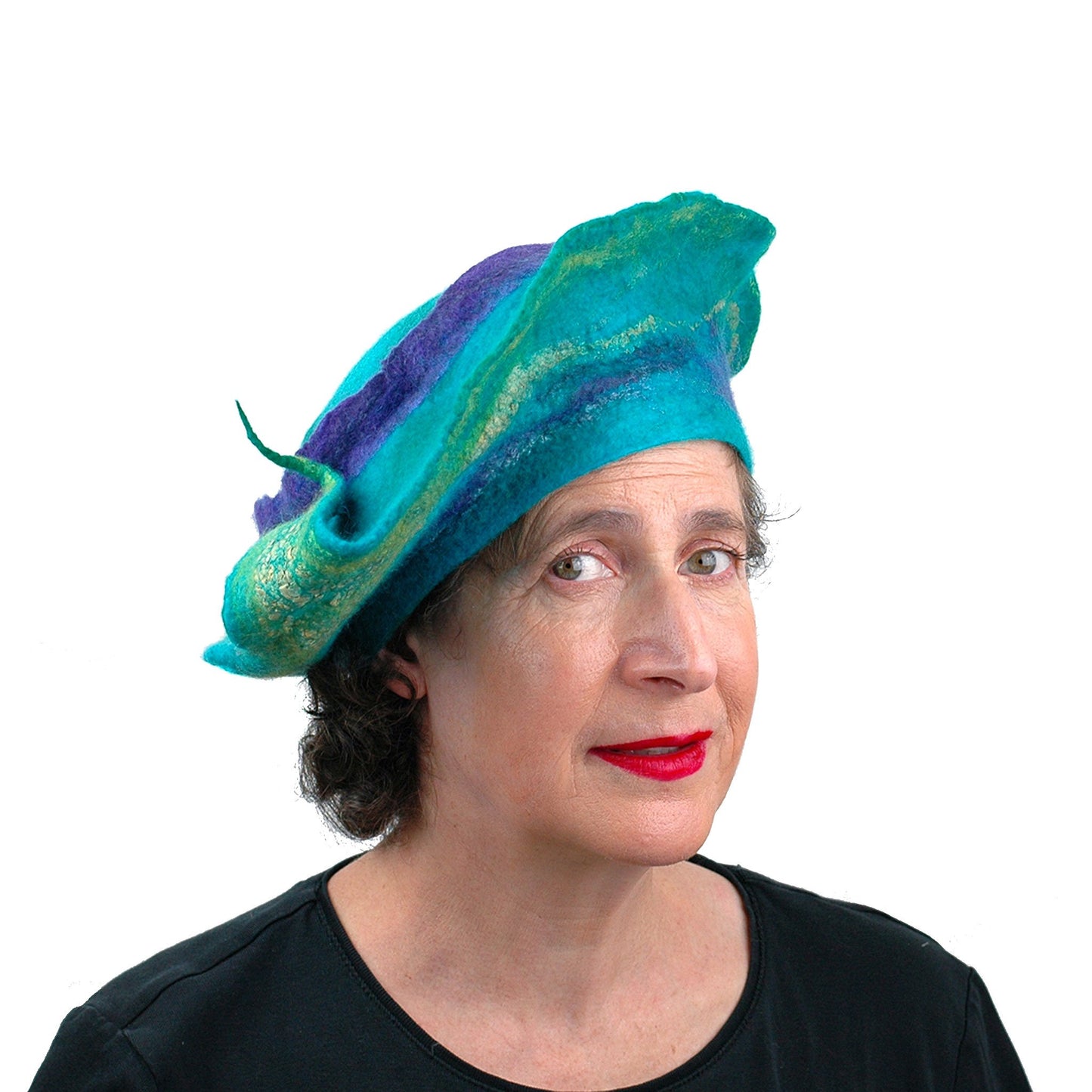 Sculptural Peacock Inspired Felted Hat - front view