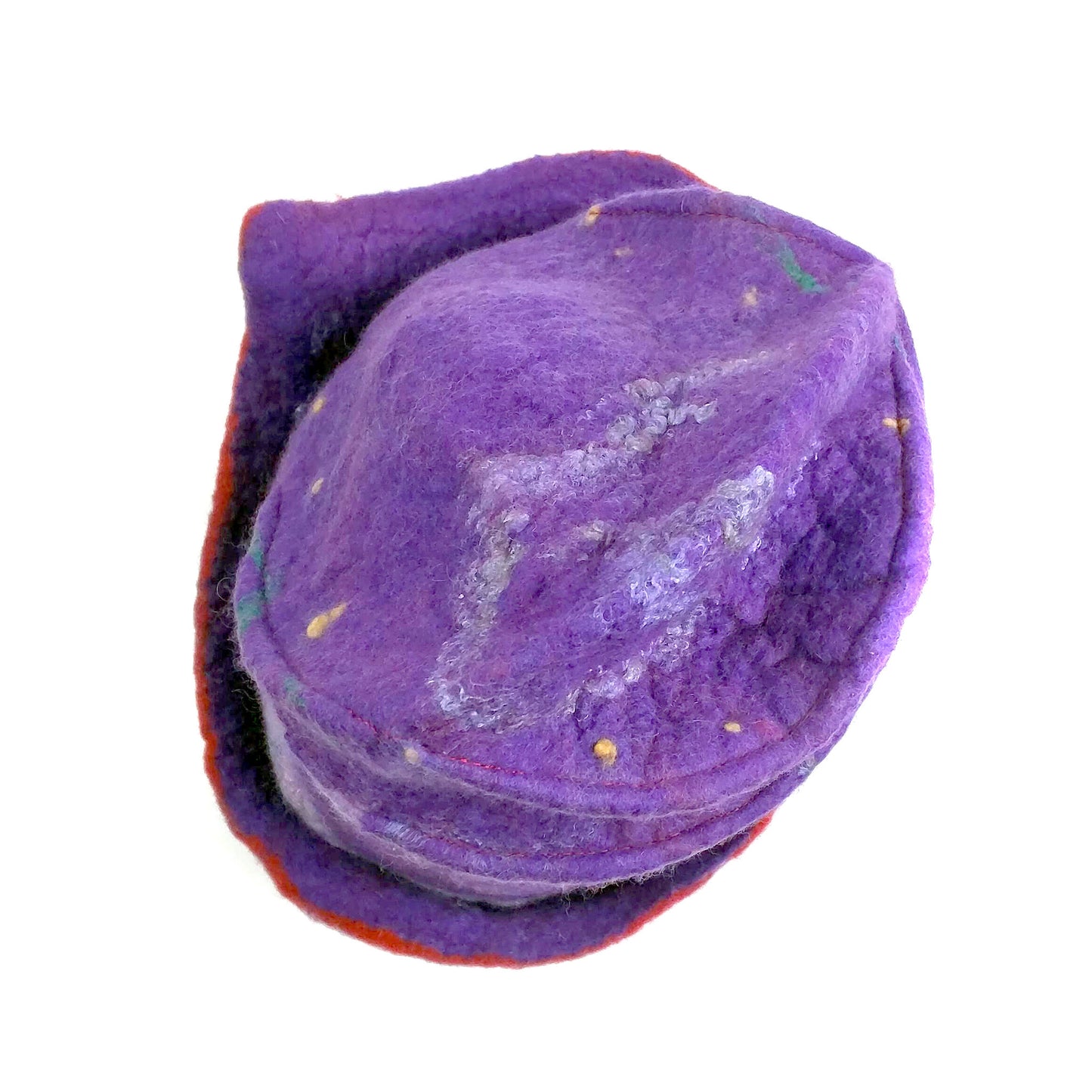 Fun, Sculptural, Purple and Red Felted Hat - top view