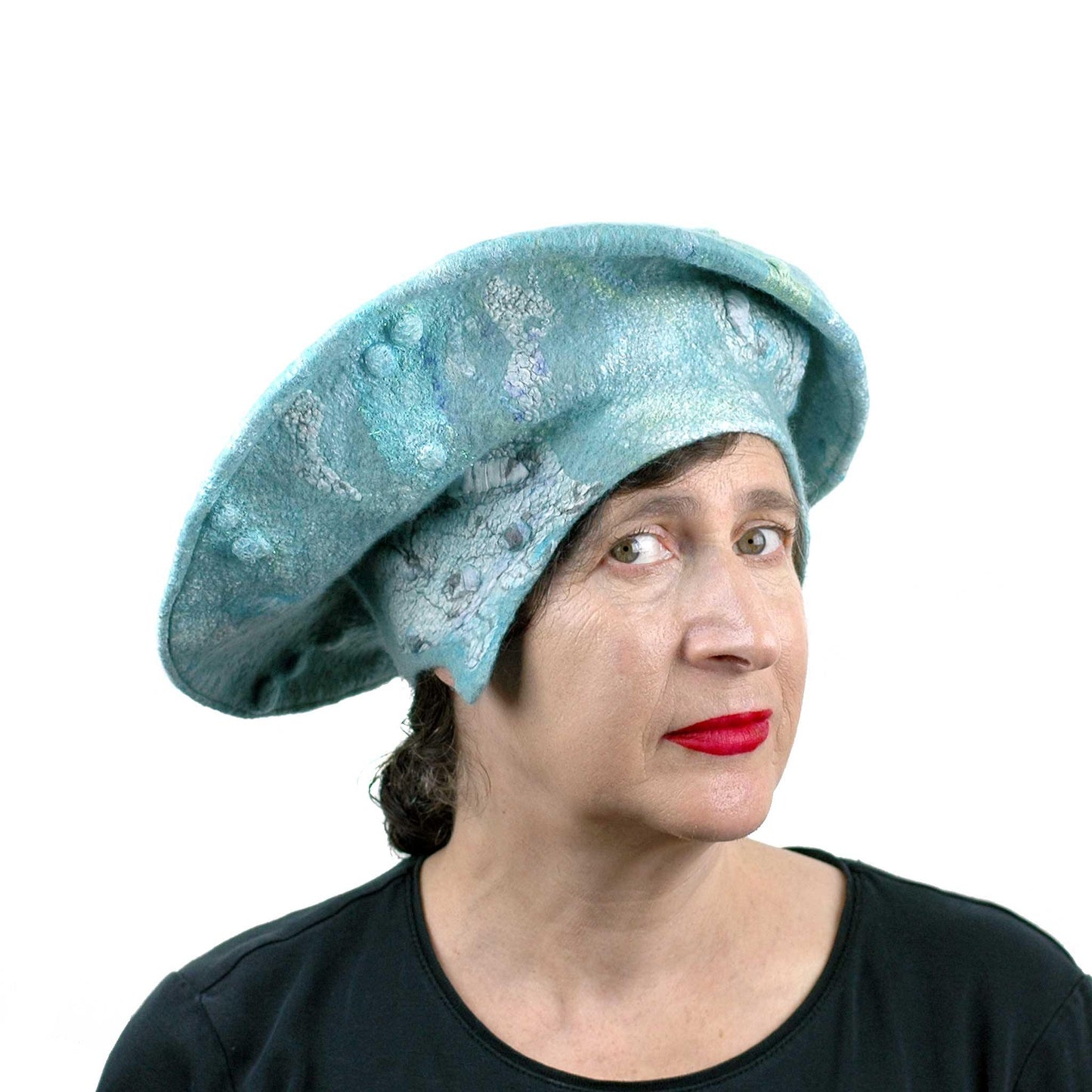 Seafoam Green Medieval Style Felted Hat that Covers Ears - three quarters view