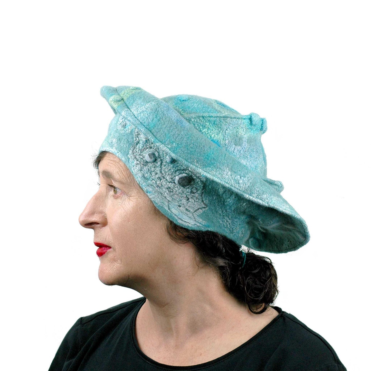Seafoam Green Medieval Style Felted Hat that Covers Ears - side view