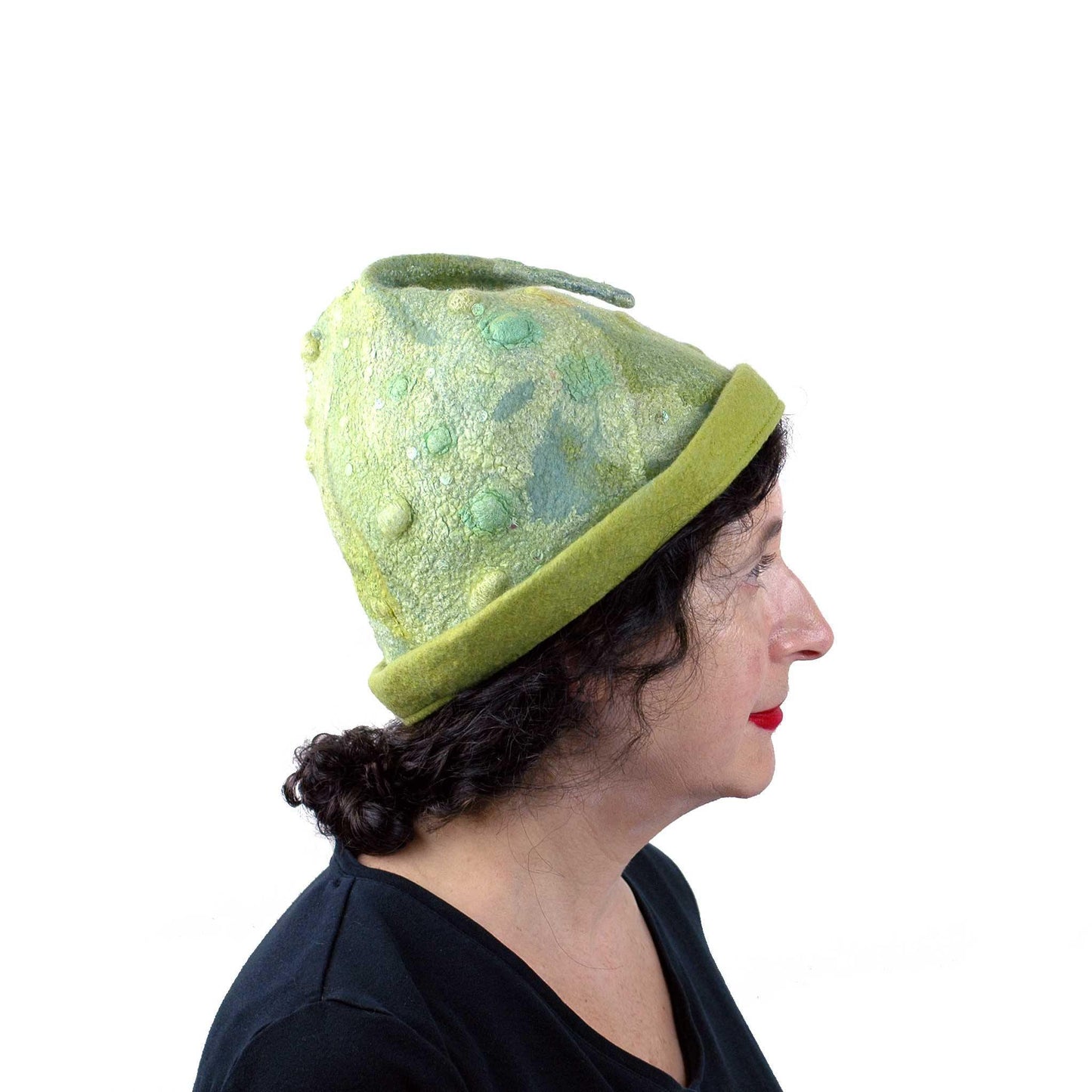 Shades of Green Beanie Hat with Playful Fish Tail - Medium Size - side view