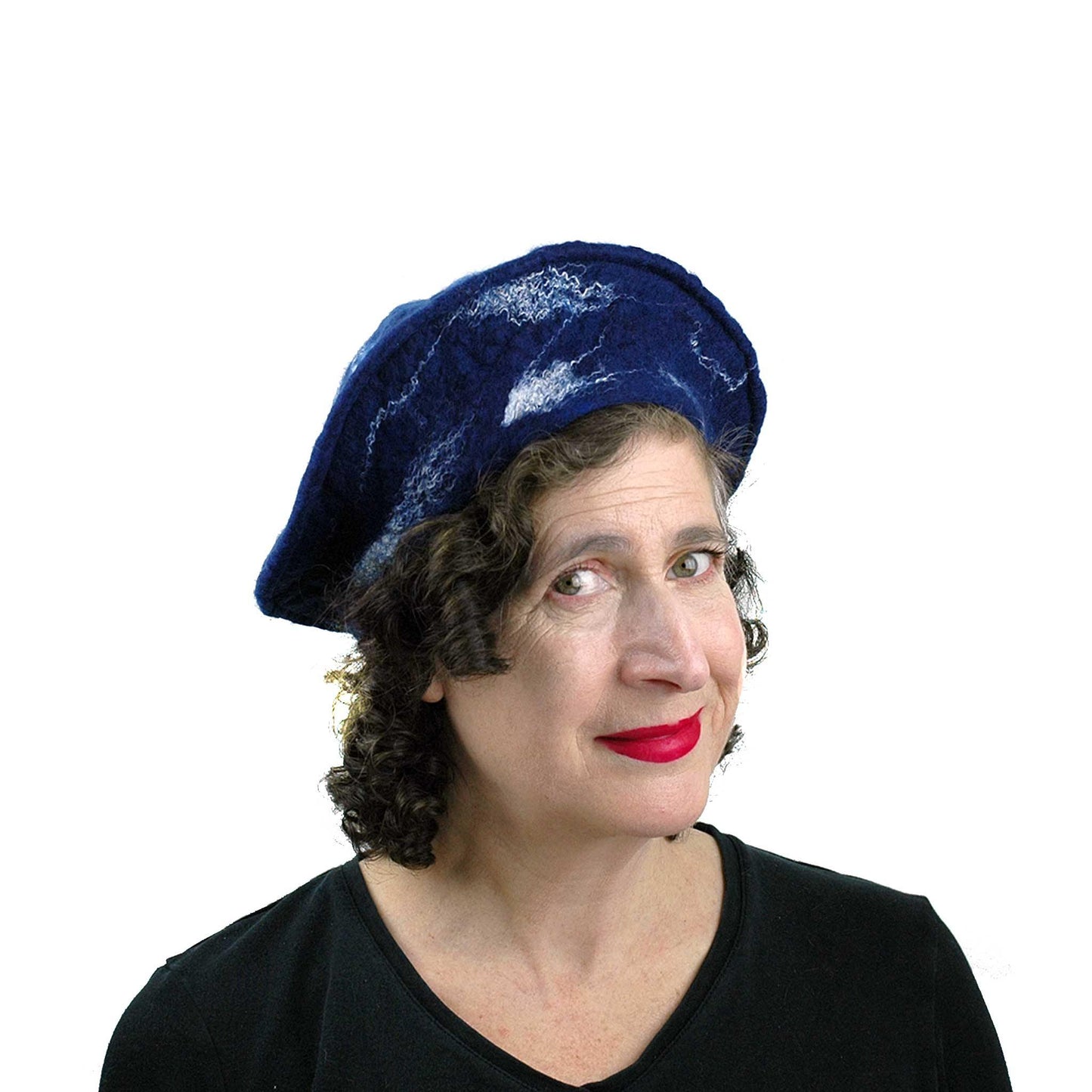 Snowflake Beret in Indigo Blue Wool - three quarters view