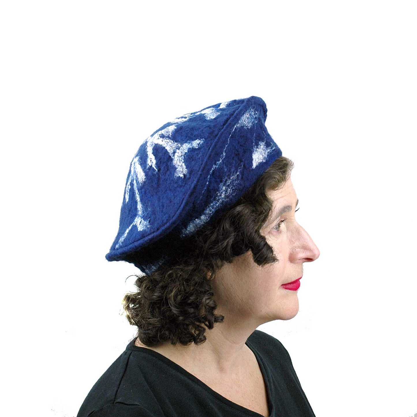 Snowflake Beret in Indigo Blue Wool - side view