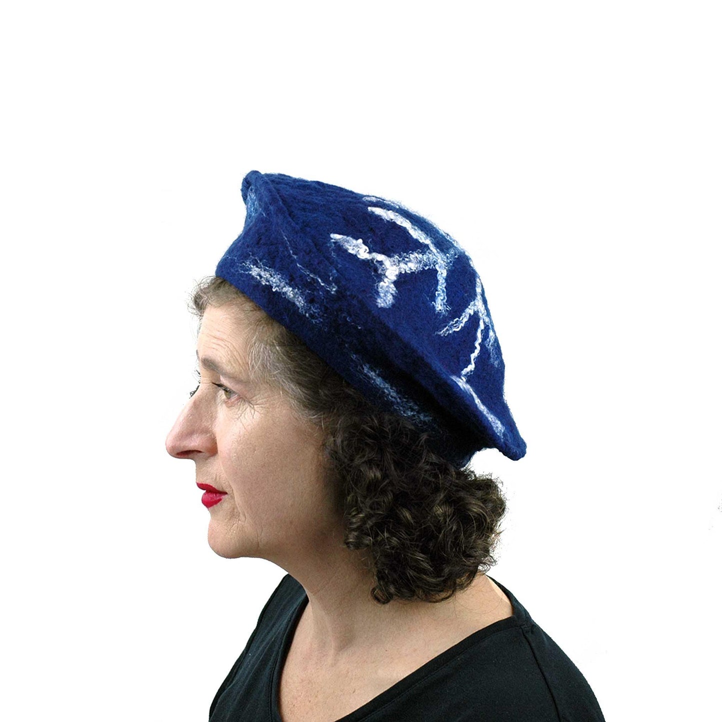 Snowflake Beret in Indigo Blue Wool - side view