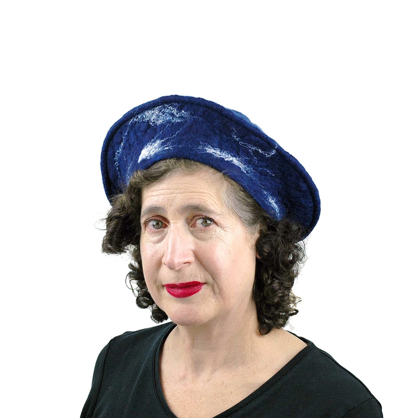 Snowflake Beret in Indigo Blue Wool - three quarters view
