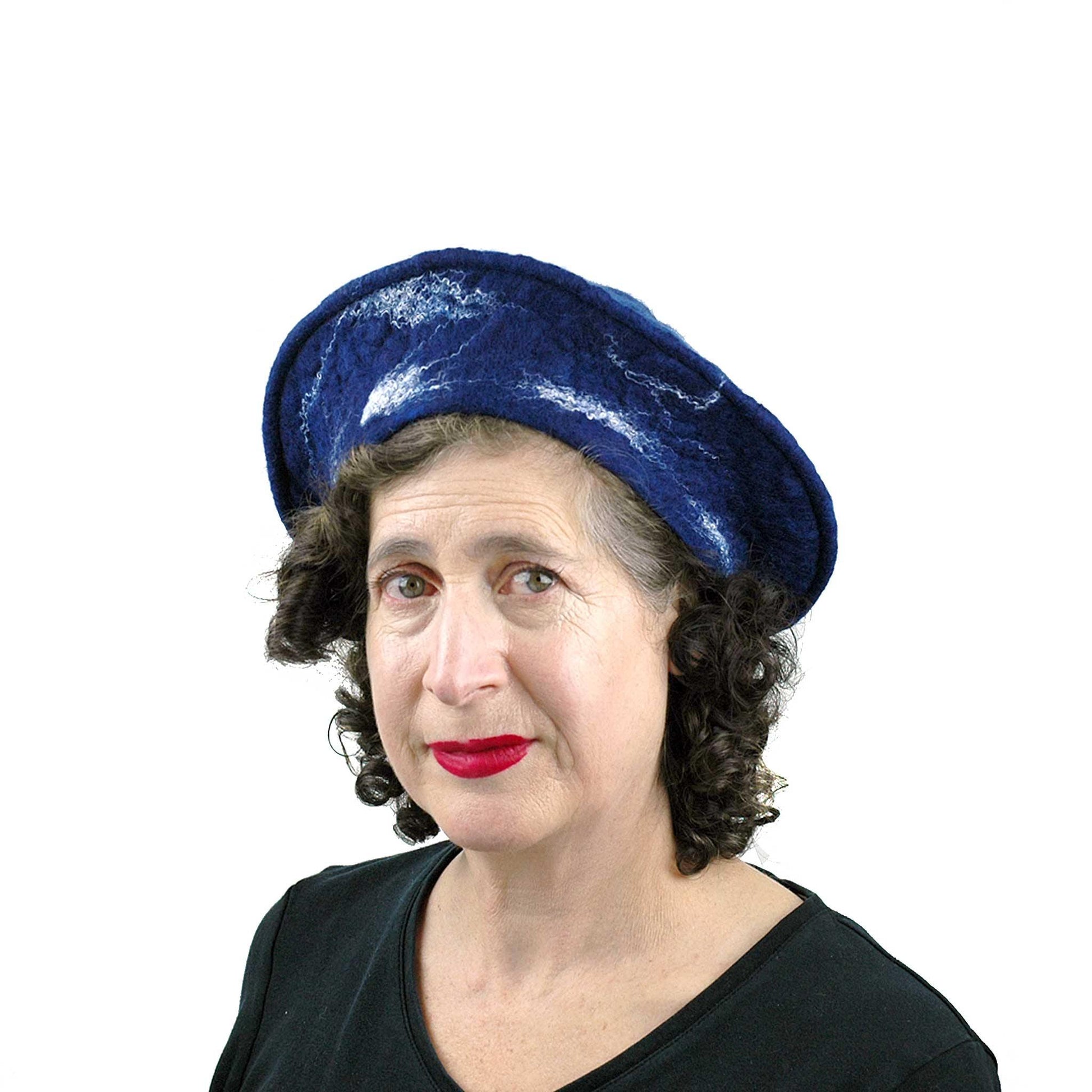 Snowflake Beret in Indigo Blue Wool - three quarters view