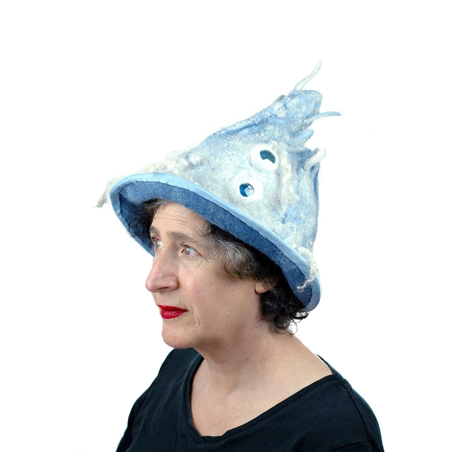 Spiky Blue Felted Pixie Hat - side view