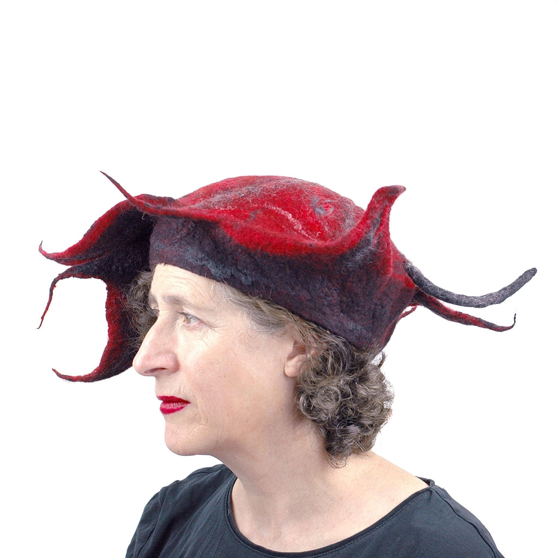 Spiky Red and Black Leaf Hat - side view