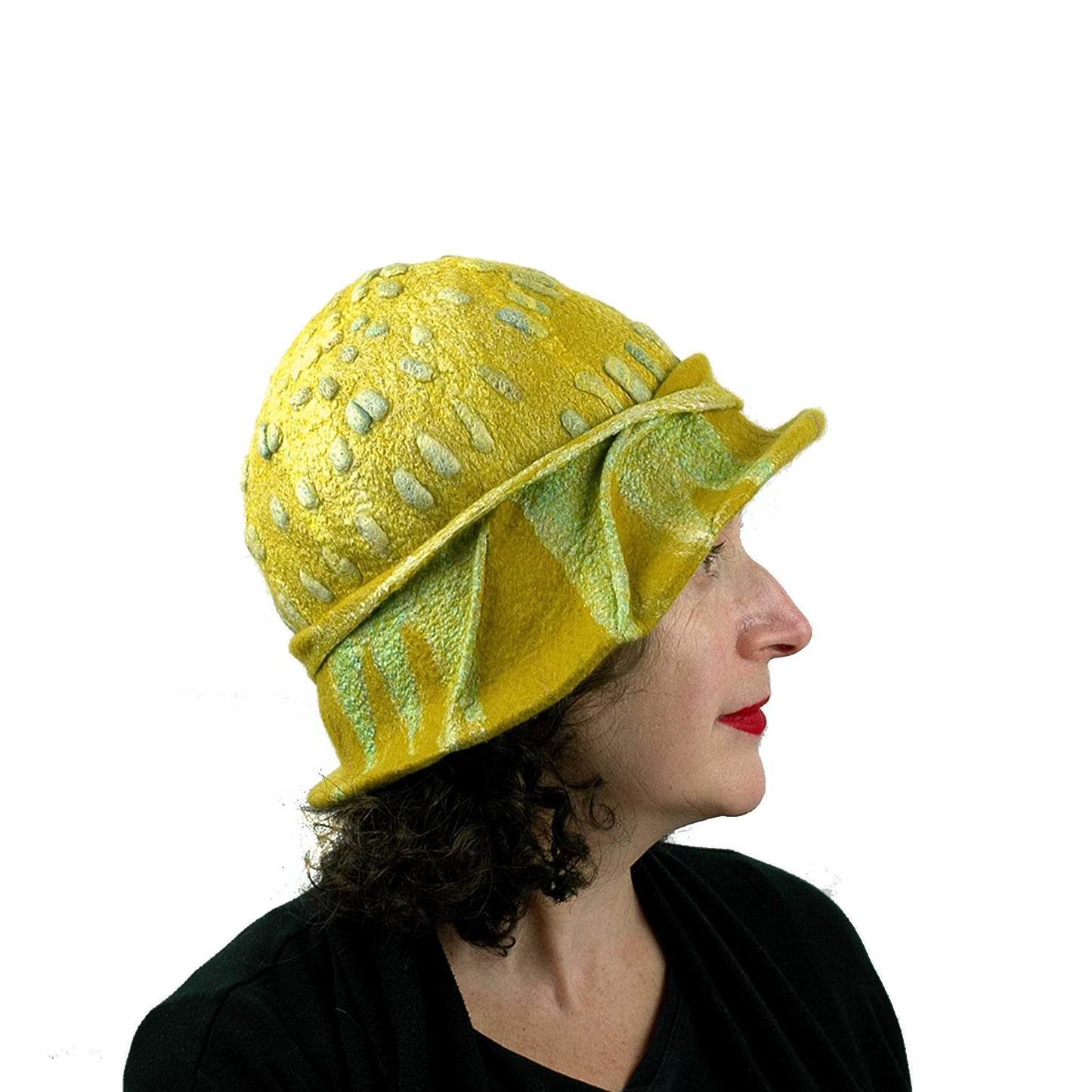 Sunflower Cloche in Mustard Yellow Felted Wool - side view