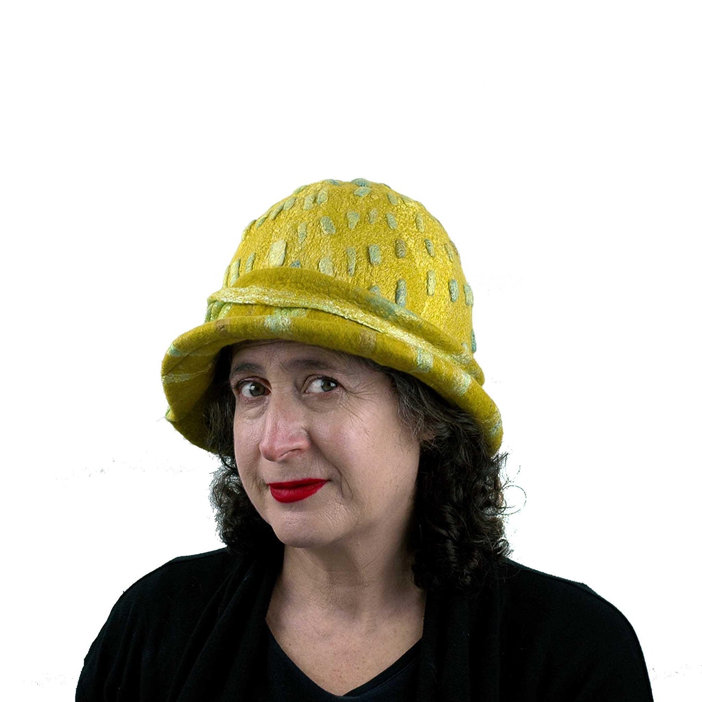 Sunflower Cloche in Mustard Yellow Felted Wool - threequarters view