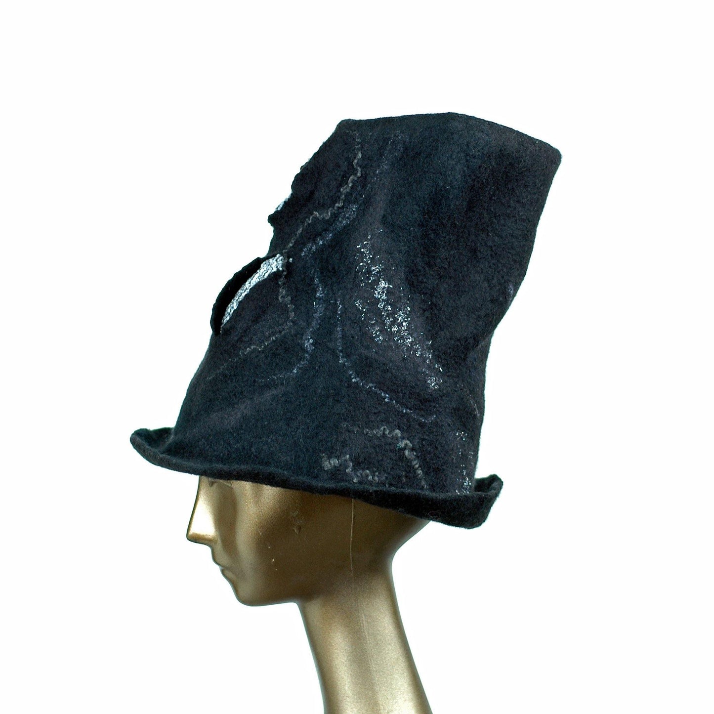 Tall Black Felted Top Hat with Velvet Decorations - side view