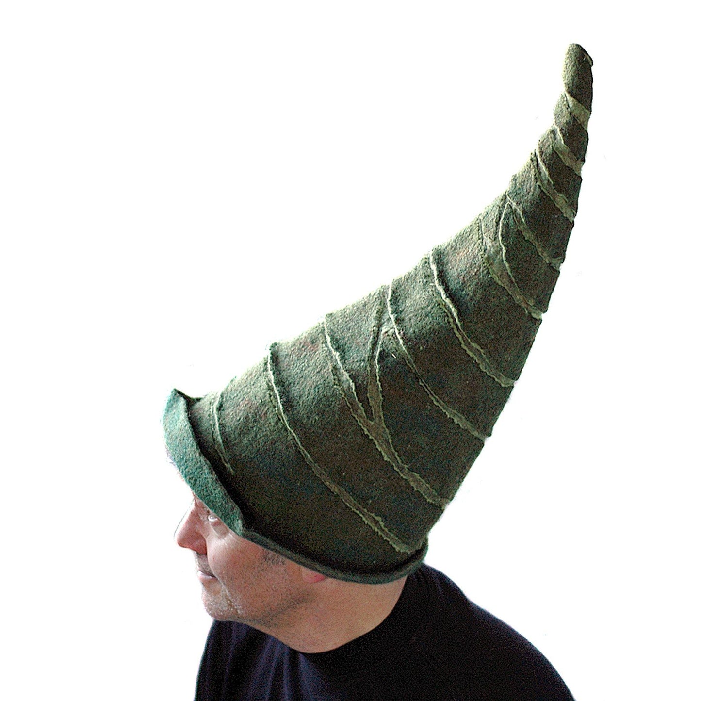 Tall Green Felted Gnome Hat - side view