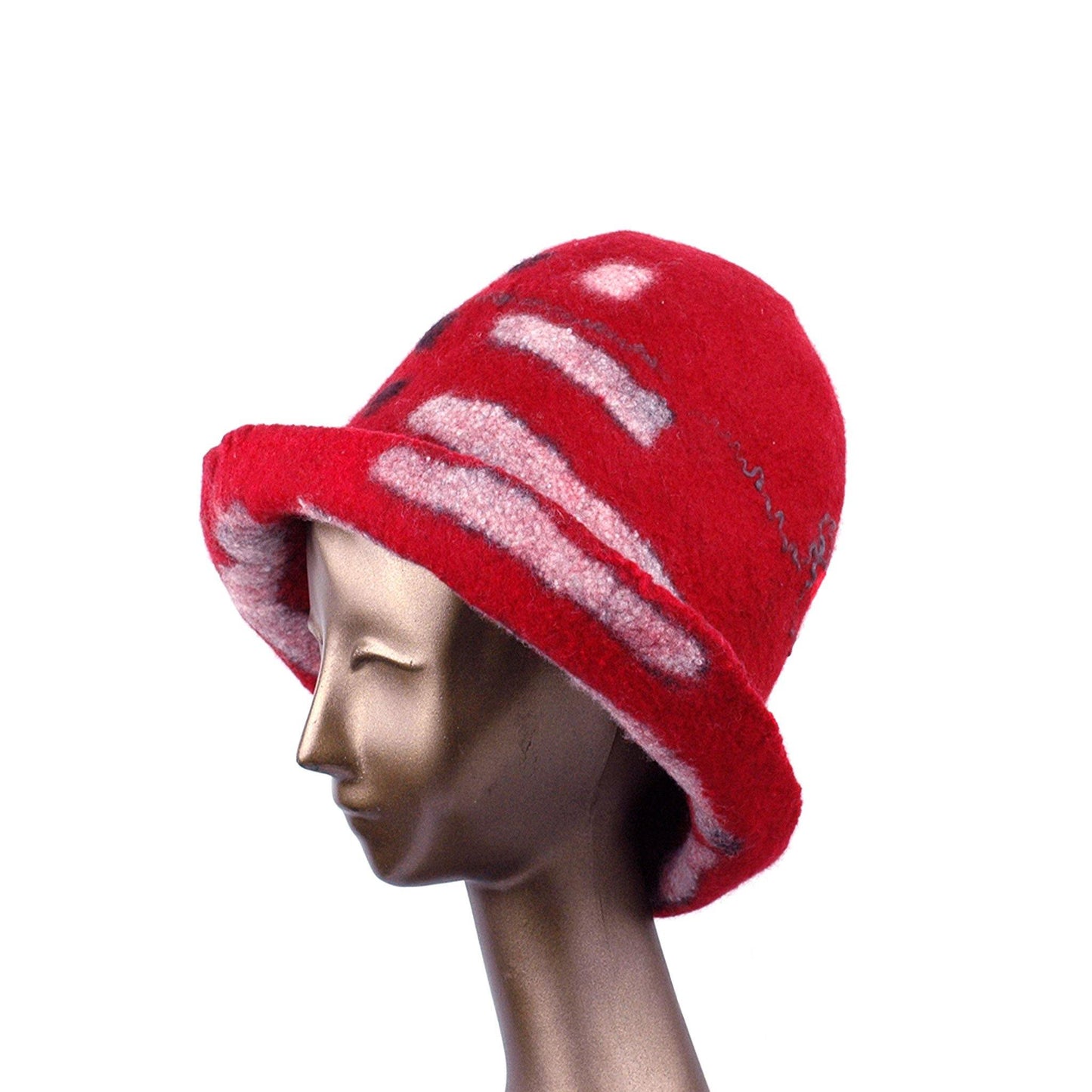 Tall Red and Black Brimmed Hat with Geometric Shapes - side view