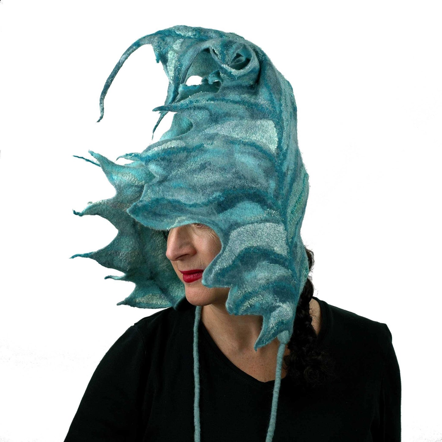 Teal Green Felted Leaf Hood with Ties - threequarters view