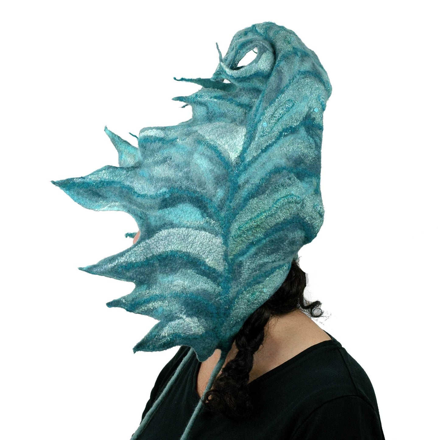 Teal Green Felted Leaf Hood with Ties - side view