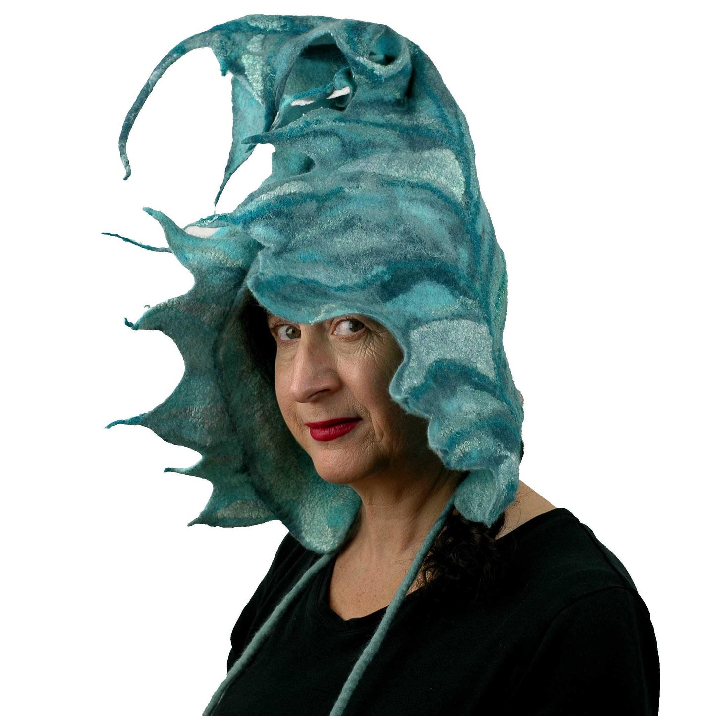 Teal Green Felted Leaf Hood with Ties - threequarters view