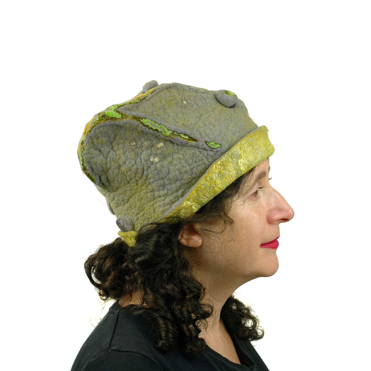 Textured Gray and Yellow Cloche Hat - side view