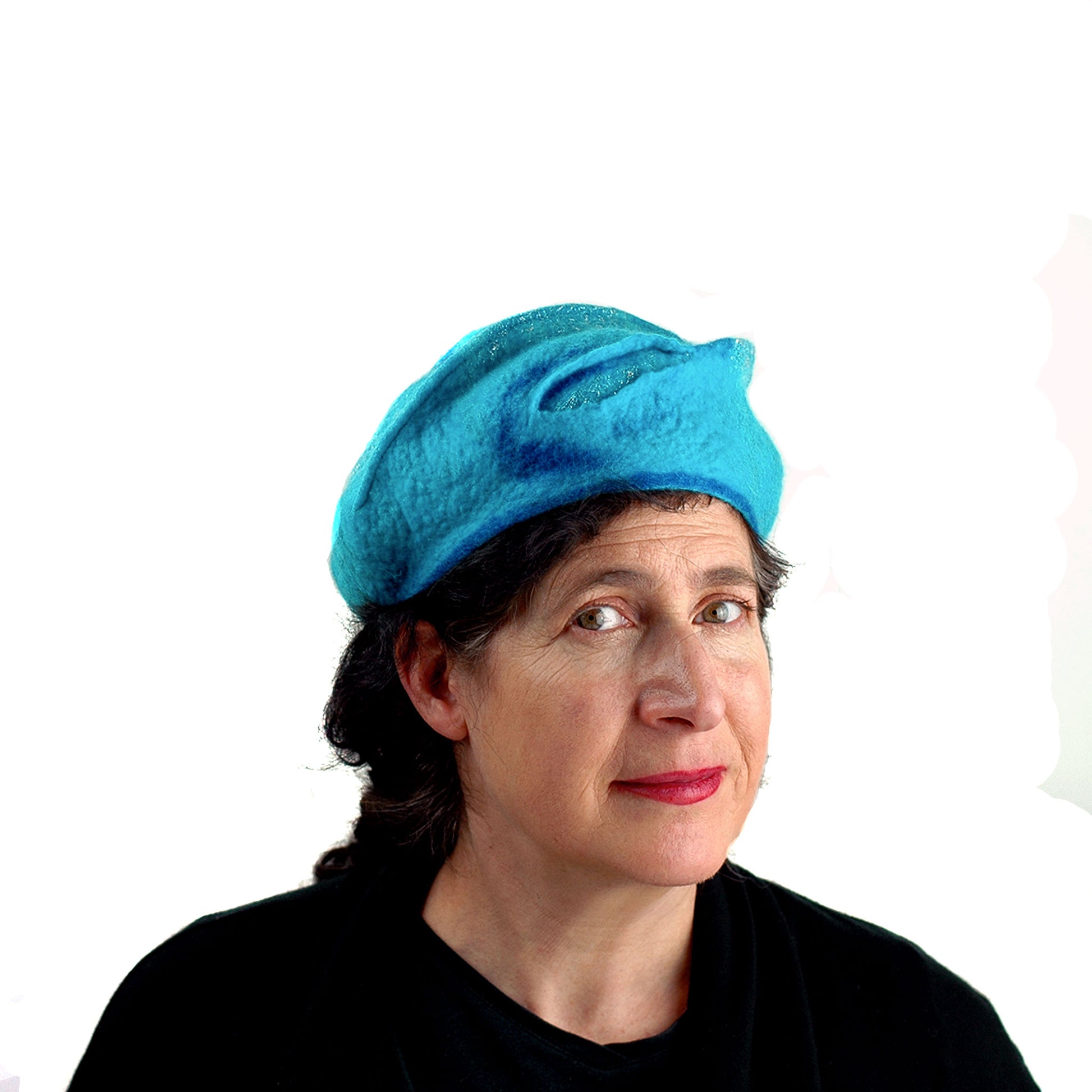 Turquoise Blue Beret with Concentric Circles / Fibonacci Rose on Top - front view