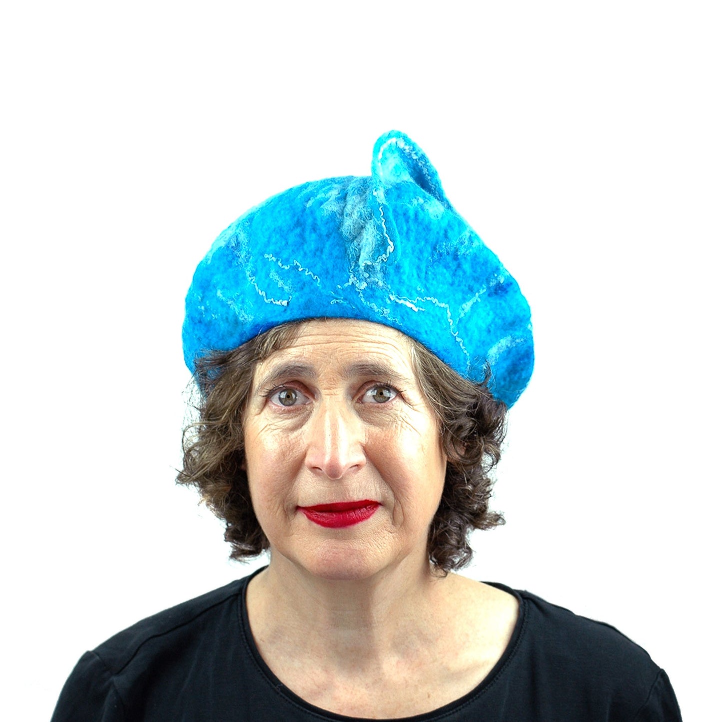 Turquoise Blue Felted Beret with Wave on Top - front view