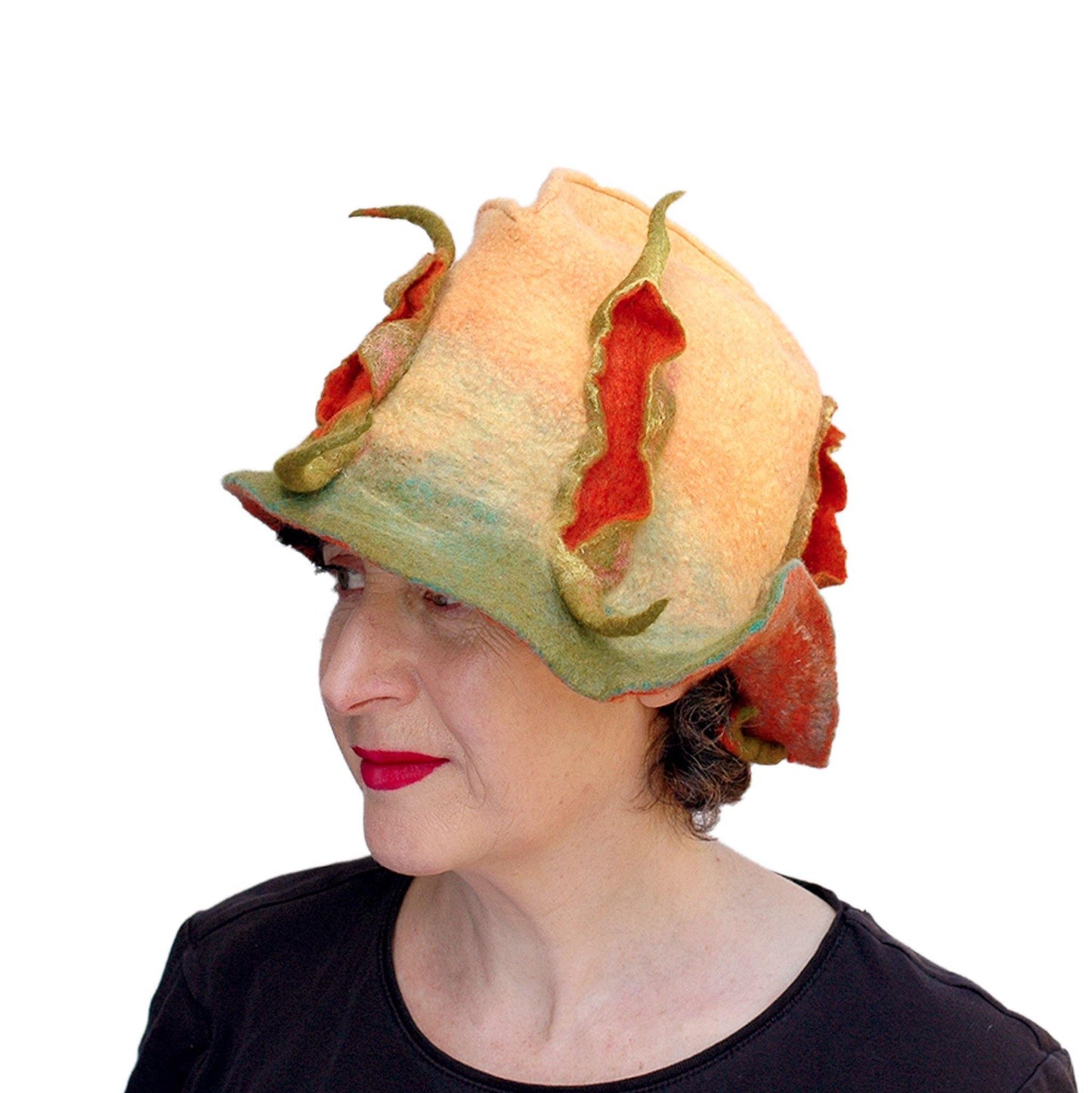 Unique Yellow and Orange Fedora with Three Peapods - three quarters view