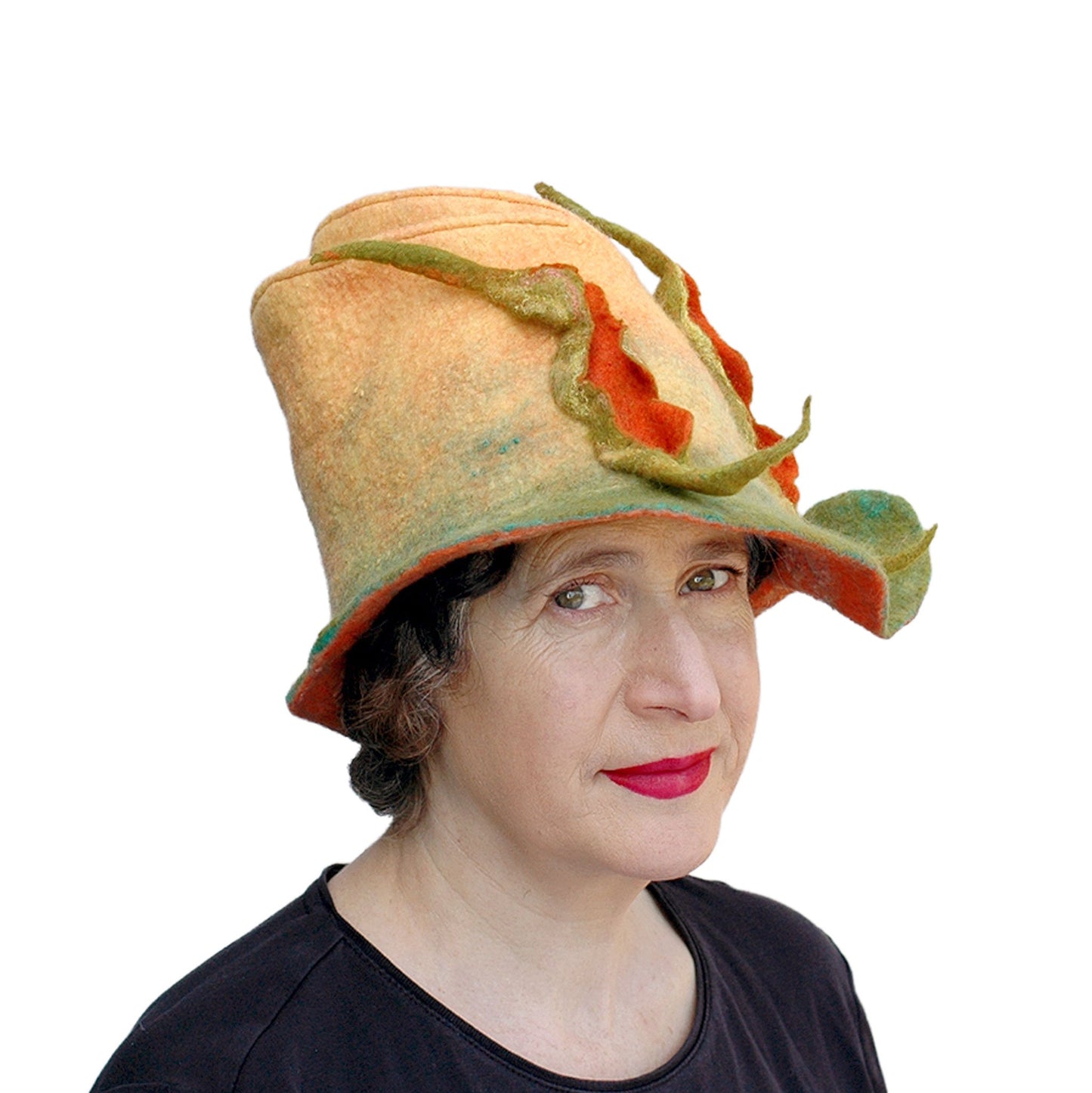 Unique Yellow and Orange Fedora with Three Peapods - three quarters view