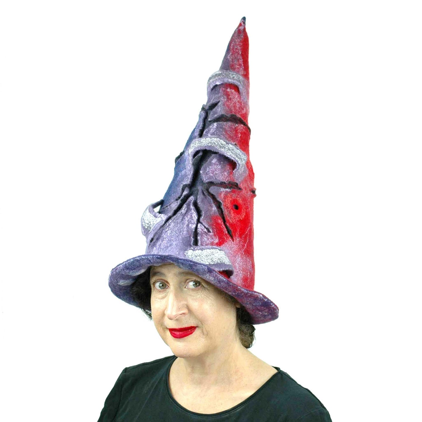 Violet Protest Red and Blue Felted Witch Hat - threequarters view